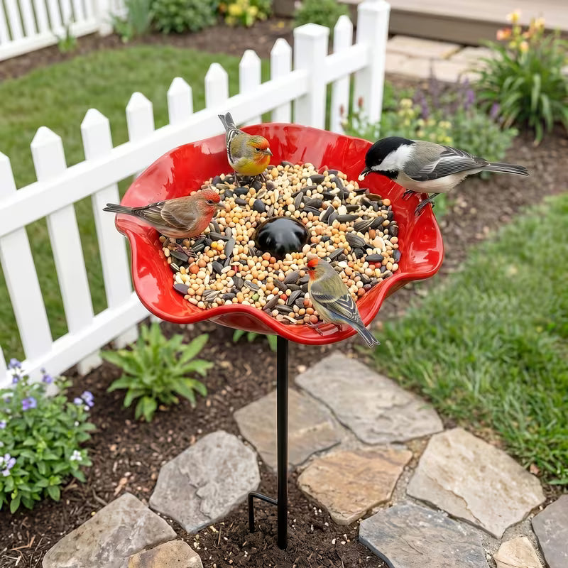 23.6-inch Colorful Wrought Iron Floral Bird Feeder - Garden Decorative Stake