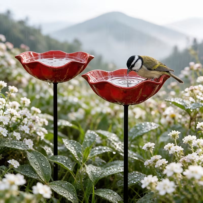[3D] 2pcs 5.9-Inch Wrought Iron Garden Decoration - Outdoor Bird And Bee Watering Station